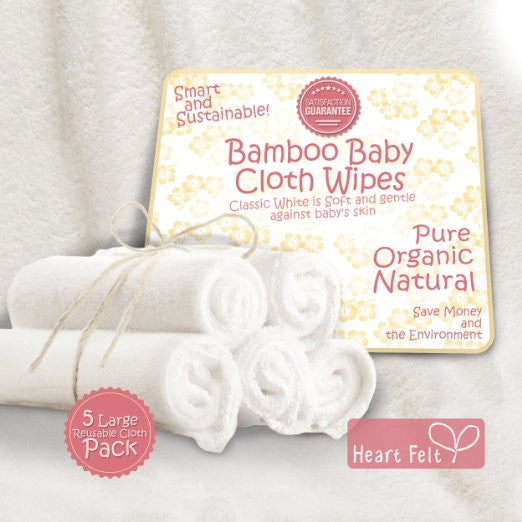 Heart Felt Bamboo Cloth Natural Reusable Baby Wipes (5 Pack, XL)