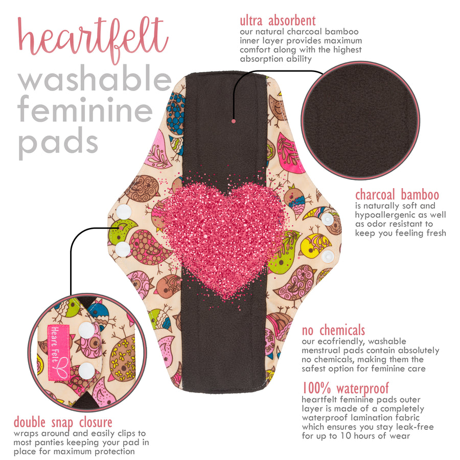 Heart Felt Bamboo Reusable XL Cloth Menstrual Pads (3 Pack, Heavy Flow)
